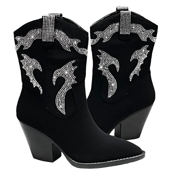 New Womens Black Rhinestone Blingy Western Cowboy Ankle Boots Booties - Picture 2 of 7